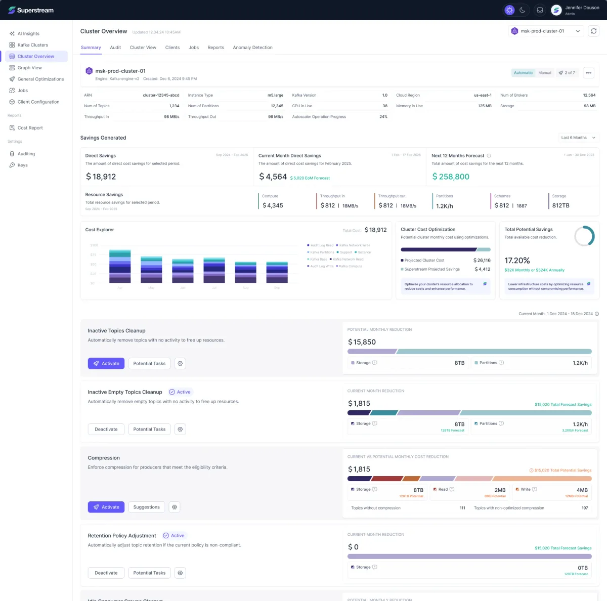 Superstream Cluster Overview: the cluster’s facts, savings generated with the cost explorer, and the optimizations, each with its reduction and an Activate or Deactivate button