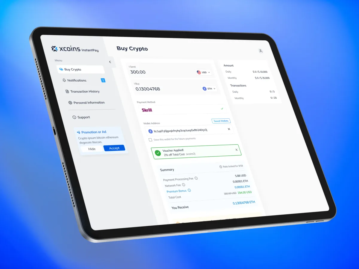 Xcoins purchase review with payment choice, wallet, voucher and itemized fees.