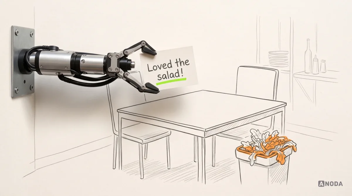 Mixed-media illustration: a real steel arm reaching in from the left holds up a real comment card reading “Loved the salad!” beside a drawn restaurant table, while a drawn bin next to it overflows with uneaten salad marked in orange