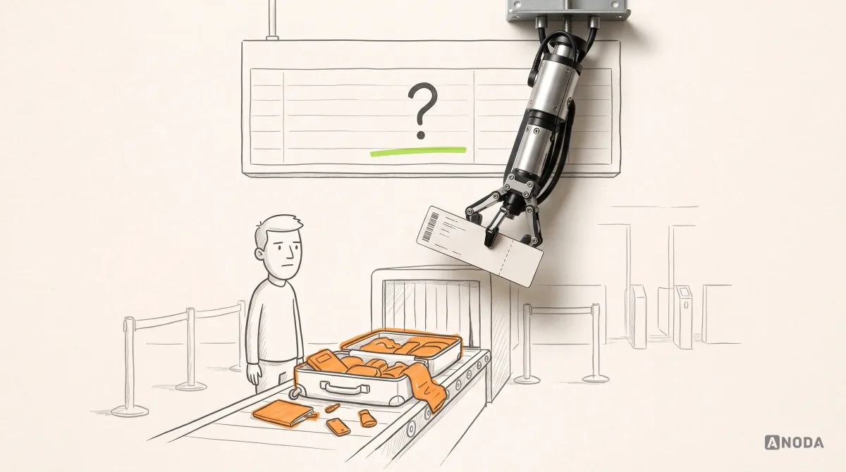 Mixed-media illustration: a drawn traveller watches his suitcase being fully unpacked on an airport security belt, marked in orange, under a departures board that shows only a question mark, while a real steel arm from the top holds a real boarding pass up towards the board
