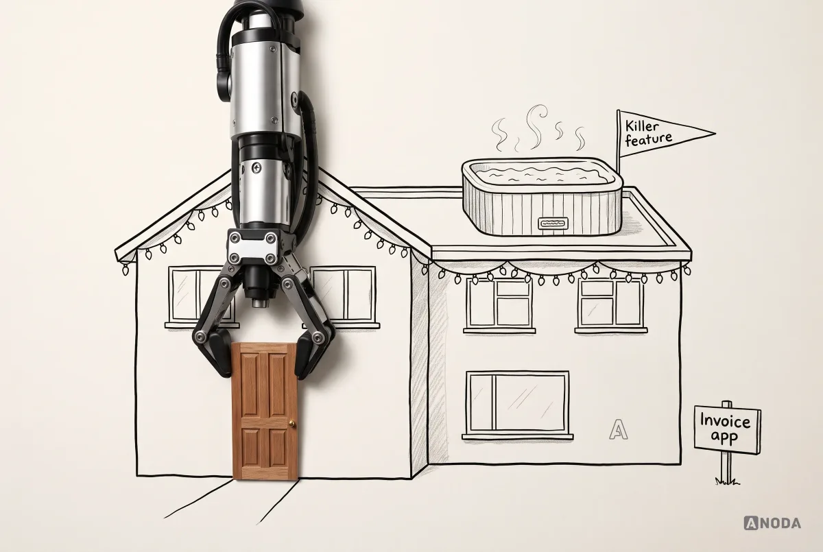 Mixed-media illustration: a real steel arm holds a real miniature wooden door against the blank wall of a drawn house that has a steaming rooftop hot tub flagged “Killer feature” and fairy lights but no front door, with an “Invoice app” signpost beside it.