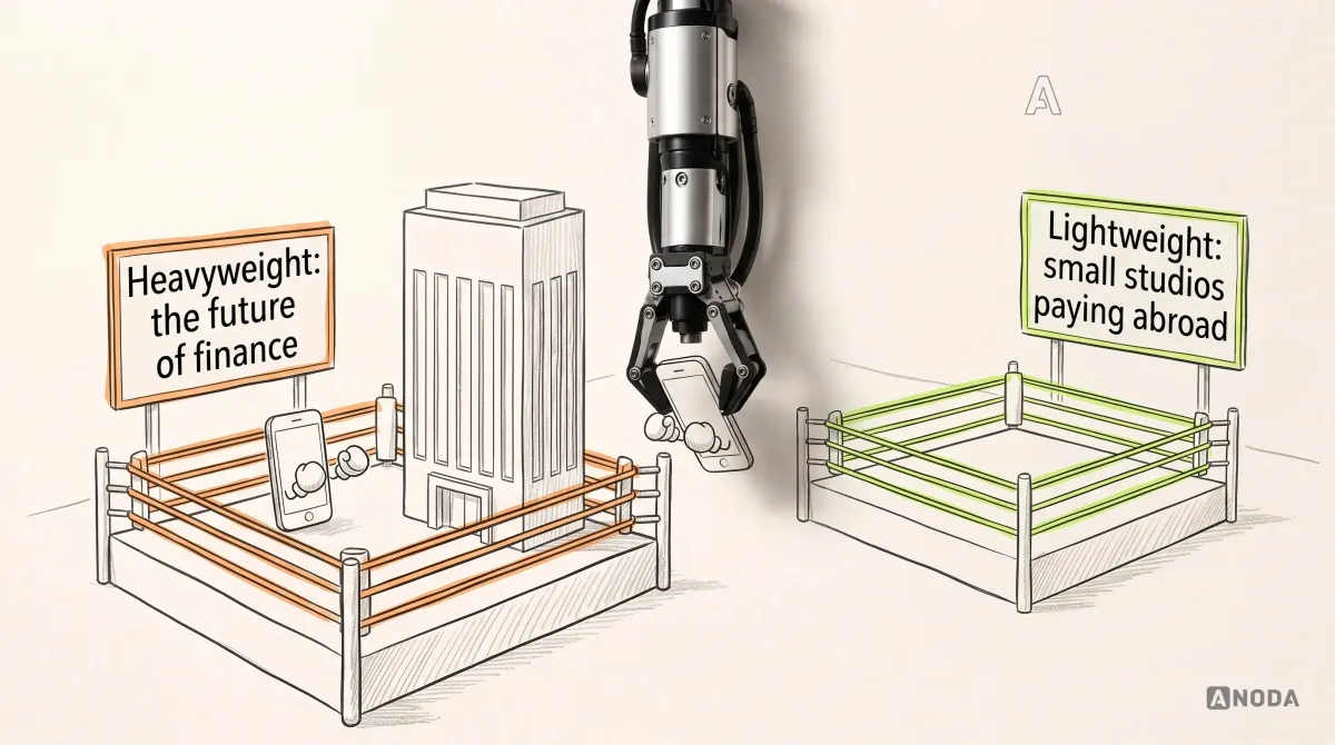 Mixed-media illustration: a drawn boxing ring with a scoreboard reading “Heavyweight: the future of finance” outlined in orange, where a small drawn phone in boxing gloves faces a towering drawn bank building; a real steel robotic arm hanging from the top edge lifts the small phone into a second, lime-roped ring labelled “Lightweight: small studios paying abroad”.