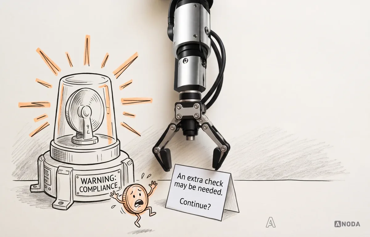 Mixed-media illustration: a real steel arm sets down a small tent sign reading “An extra check may be needed. Continue?” in front of a huge drawn siren labelled “WARNING: COMPLIANCE”, while a drawn coin runs away in fright.