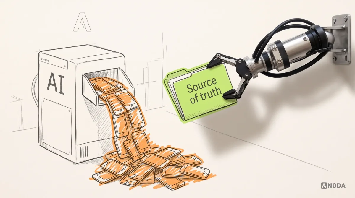 Mixed-media illustration: a drawn machine labelled “AI” spits a long orange stream of identical drawn phone screens into a pile on the floor, while a real steel arm on a wall bracket holds out one lime folder reading “Source of truth” to the machine.