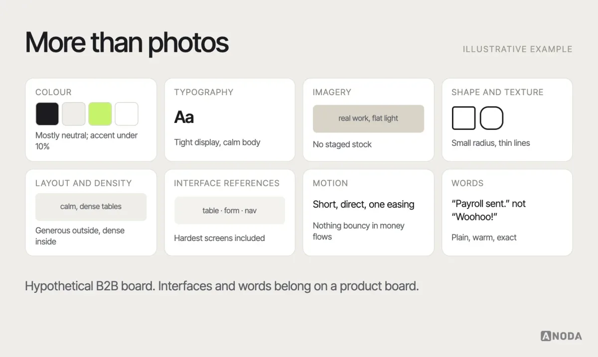 Anatomy of a product mood board, illustrative example: a board divided into areas for colour, typography, imagery, shape and texture, layout and density, interface references, motion and tone of voice, each with a note on what was chosen and why.