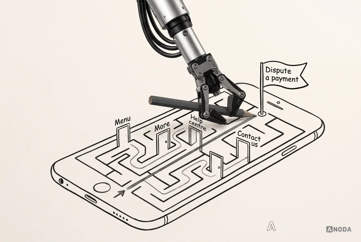 Mixed-media illustration: a real steel arm draws a straight line with a pencil across a maze on a drawn phone screen, past doors labelled Menu, More, Help centre and Contact us, to a flag reading “Dispute a payment”.