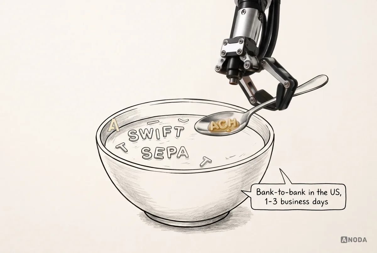 Mixed-media illustration: a real steel arm lifts the letters “ACH” on a spoon out of a drawn bowl of alphabet soup where “SWIFT” and “SEPA” float, beside a tooltip reading “Bank-to-bank in the US, 1-3 business days”.