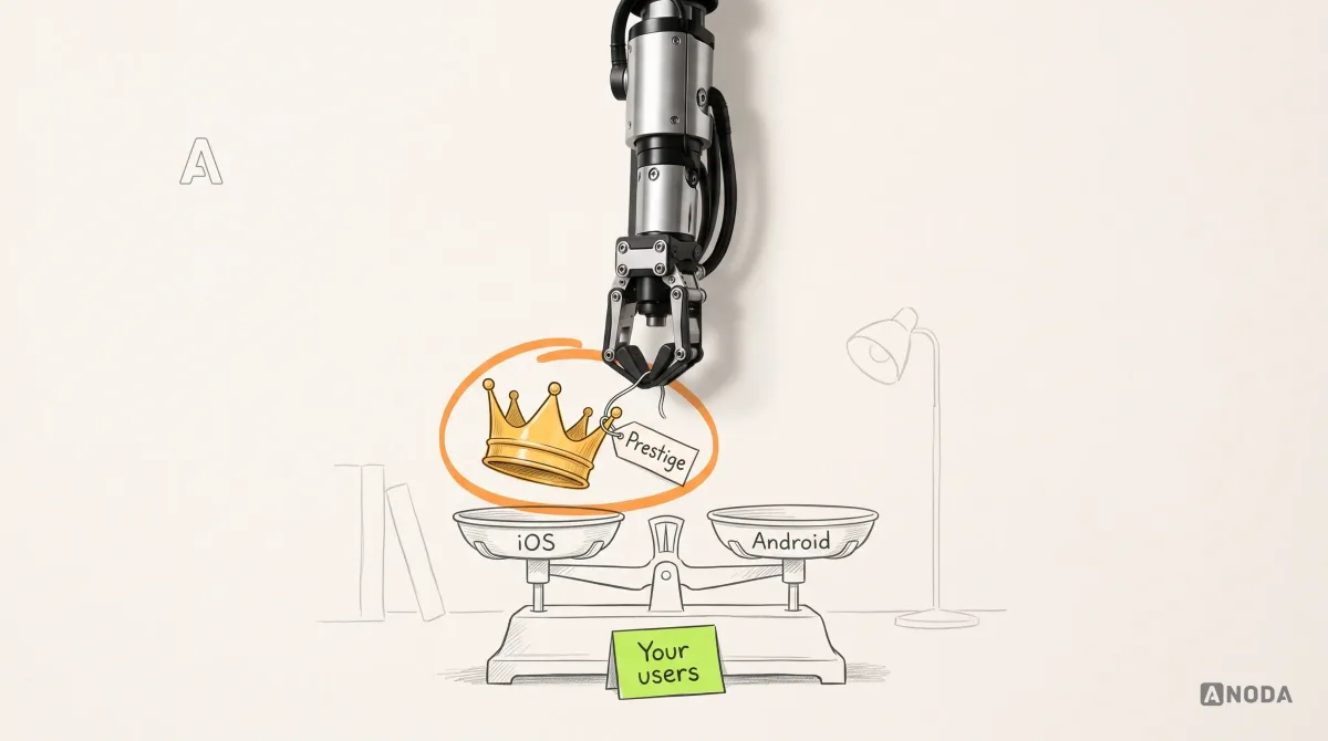 Mixed-media illustration: a drawn two-pan balance scale with pans labelled "iOS" and "Android"; the iOS pan holds a drawn golden crown tagged "Prestige", circled in orange, and a real steel robotic arm hanging from the top edge lifts the crown off by its tag, while a small lime card "Your users" sits at the base of the scale.