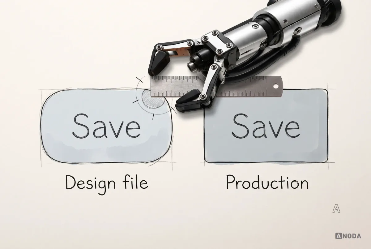A steel robotic hand holds a real metal ruler against two drawn ‘Save’ buttons, a rounded one labelled ‘Design file’ and a square-cornered one labelled ‘Production’, with the rounded corner circled.