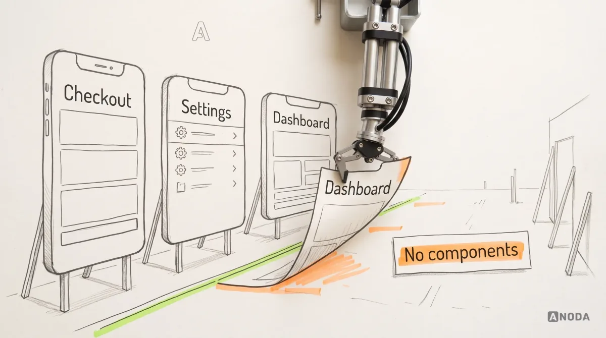 Mixed-media illustration: a drawn film-set street of false fronts shaped like app screens labelled “Checkout”, “Settings” and “Dashboard”; a real steel robotic arm hanging from the top edge lifts the “Dashboard” front by its corner, revealing empty paper and two wooden props behind it with an orange note “No components”.