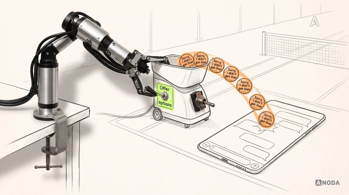 Mixed-media illustration: a drawn tennis ball machine firing orange balls labelled “Sorry, I didn’t get that” at a drawn chat window lying flat on the court; a real steel robotic arm reaches in and flips a lime switch on the machine marked “Offer options”.