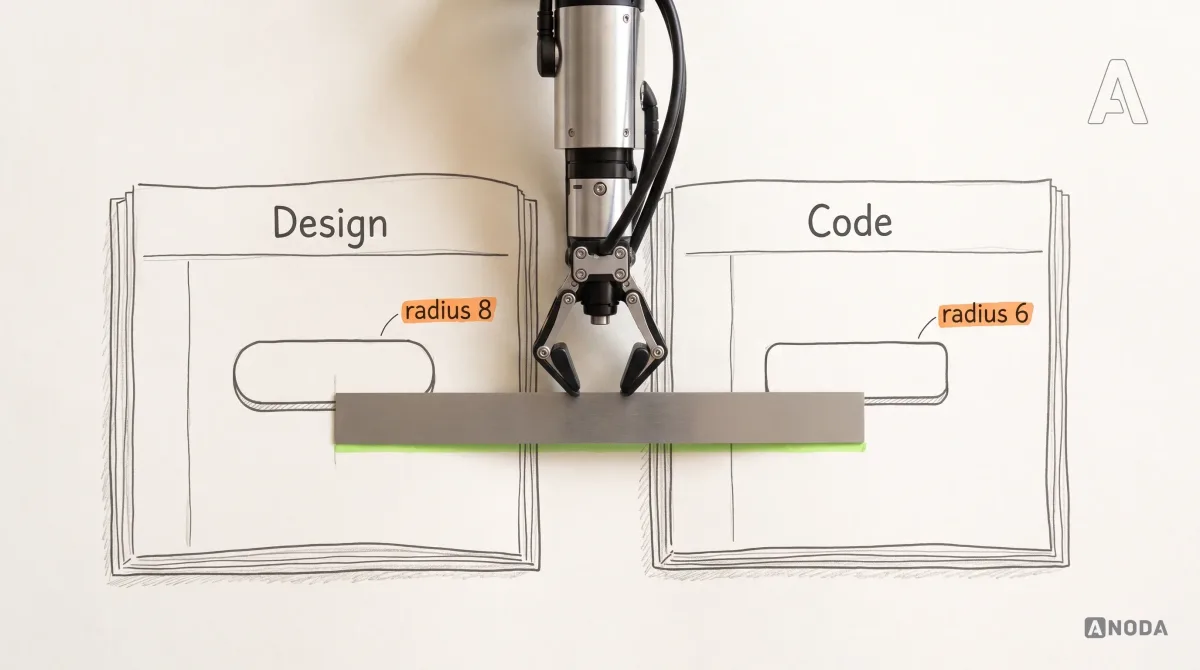 Mixed-media illustration: two drawn ledgers lie open side by side, labelled “Design” and “Code”; the same drawn button sits on both pages, marked “radius 8” on one and “radius 6” on the other in orange; a real steel robotic arm hanging from the top edge lays a real steel ruler across both pages.