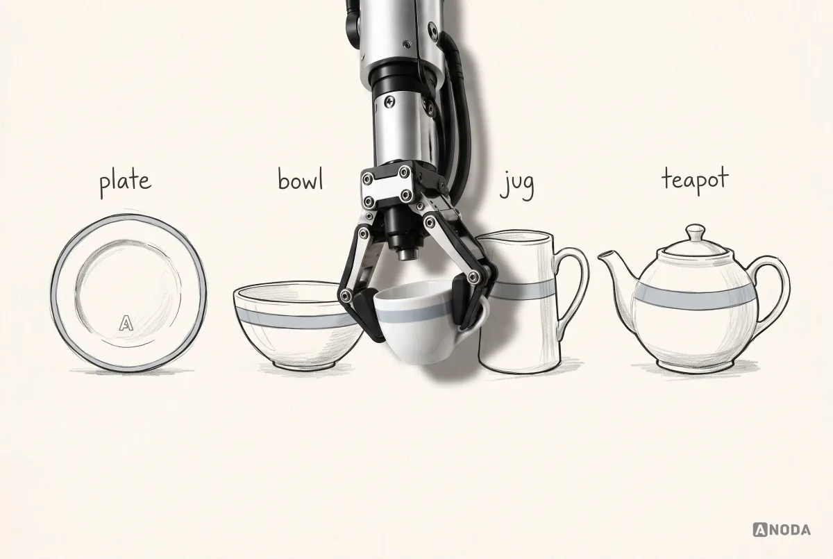 A steel robotic hand sets a real cup into a row of drawn tableware labelled plate, bowl, jug and teapot that share the same stripe.
