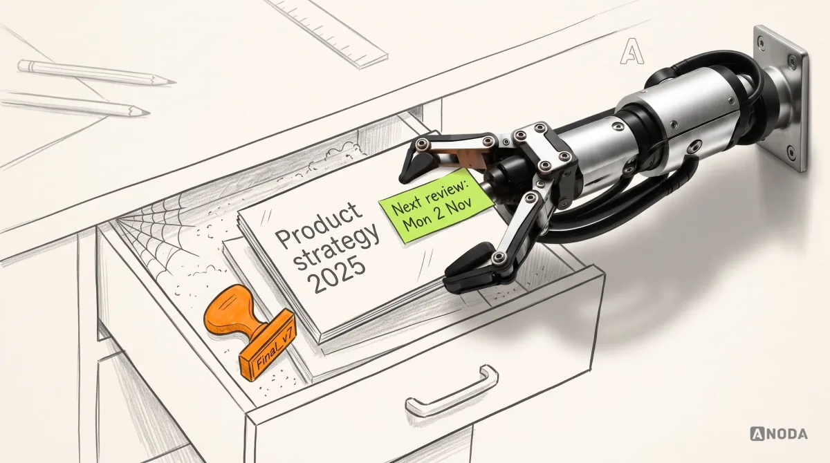 Mixed-media illustration: a drawn desk drawer pulled half open, full of dust and cobwebs around a drawn slide deck titled “Product strategy 2025” with an orange “Final_v7” stamp; a real steel robotic arm on a wall bracket at the right edge lifts the deck out of the drawer and presses a lime tag onto its cover reading “Next review: Mon 2 Nov”.