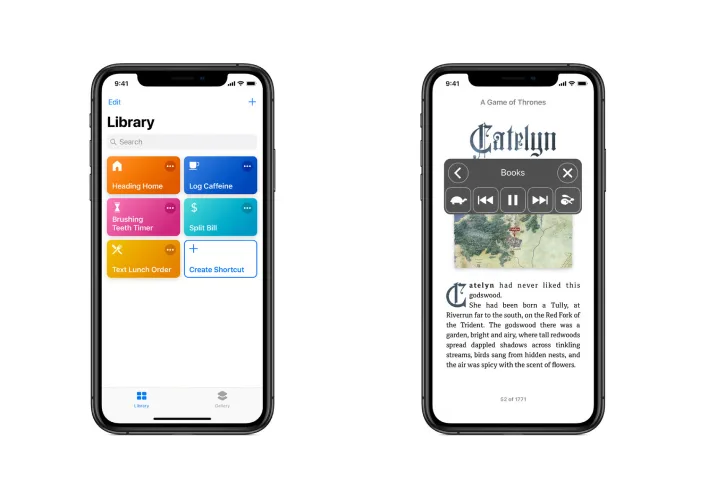 Two iPhones displaying the library app and the app store, illustrating mobile application UX design concepts.