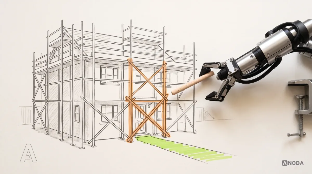 Mixed-media illustration: a drawn finished house still wrapped in scaffolding, with scaffolding poles criss-crossing the front door in orange so nobody can get in, while a real steel arm entering from the right on a table clamp lifts away one real wooden dowel from the door, opening a lime path to it.