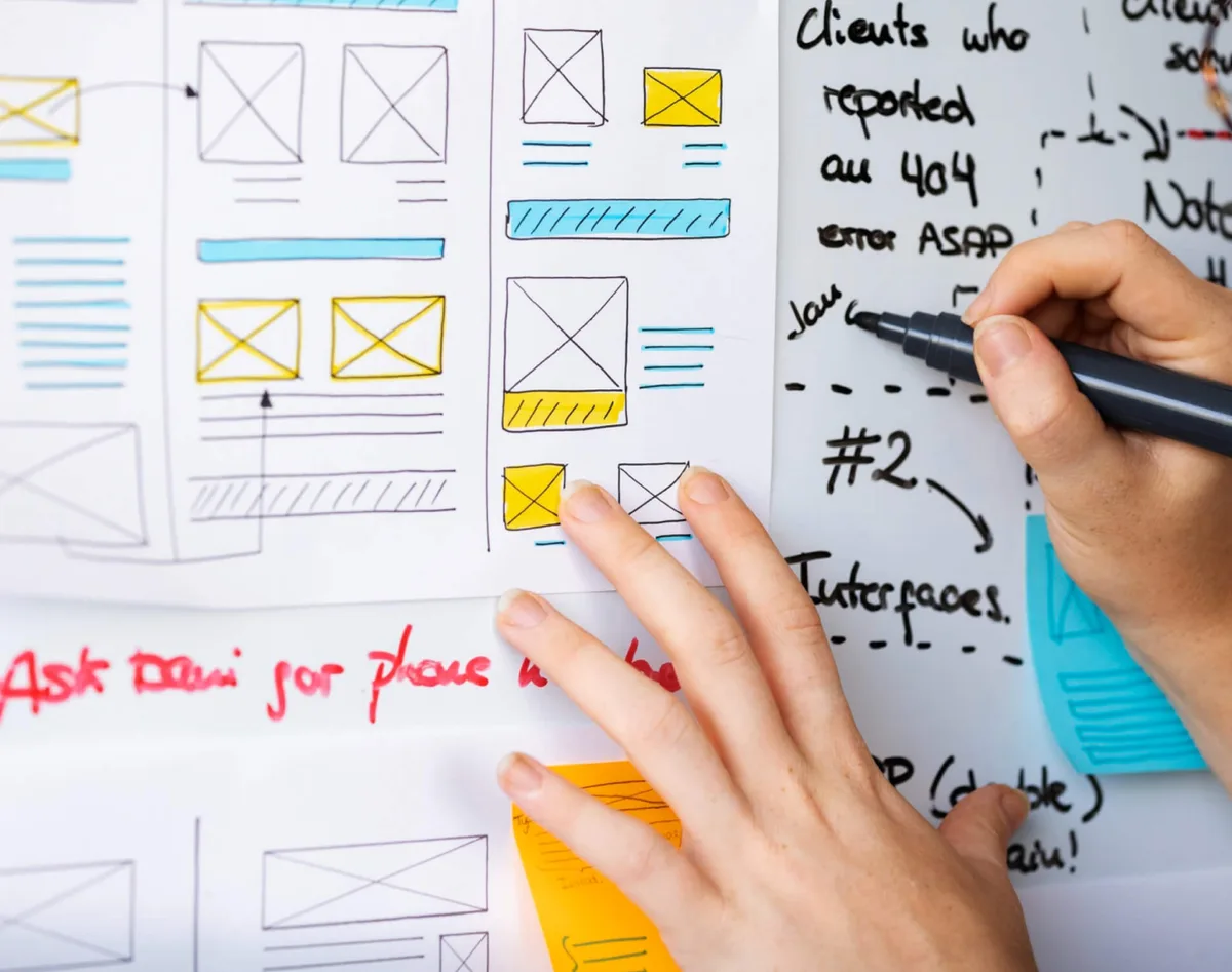 A person writing on a whiteboard, illustrating concepts from ‘The Ultimate Guide to Designing UI’.