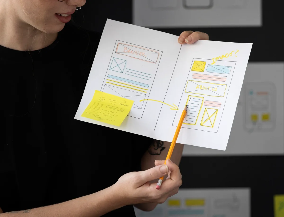 A woman holds a paper and pencil, symbolizing the process of optimizing user flow in UX design.