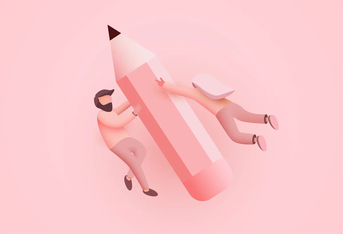 Two individuals grasp a large pencil, symbolizing creativity and collaboration in startup UX design principles.