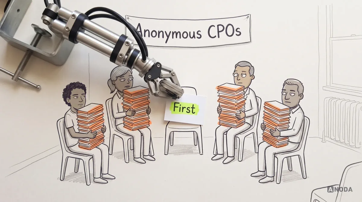 Mixed-media illustration: a drawn support-group circle of chairs under a banner reading “Anonymous CPOs”, four product leaders each hugging a teetering orange stack of tickets, and a real steel arm holding a real card reading “First” over the empty chair in the middle.