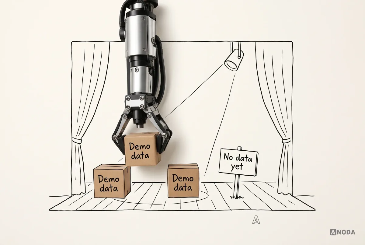 Mixed-media illustration: a real steel arm hanging from the top sets a cardboard box labelled “Demo data” onto a drawn empty theatre stage, next to two more “Demo data” boxes and a sign reading “No data yet” under a spotlight.