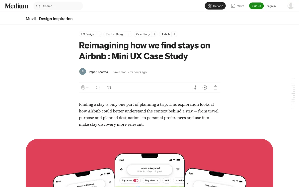 Muzli publication article: “Reimagining how we find stays on Airbnb: Mini UX Case Study”, a concept case study with phone screens.