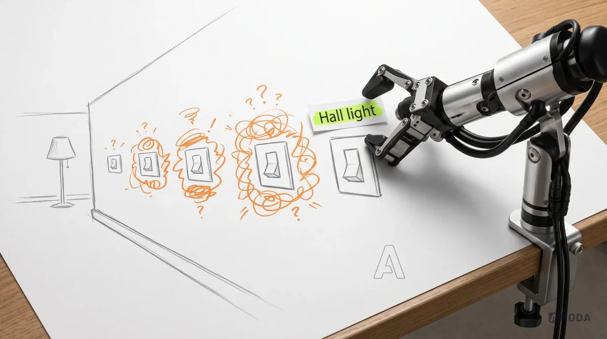 Mixed-media illustration: a drawn hallway wall with a row of five identical unlabelled light switches surrounded by orange scribbles of guessing, a drawn lamp far down the corridor, and a real steel arm entering from the right on a table clamp pressing a small real paper label reading “Hall light” in lime above the right switch.