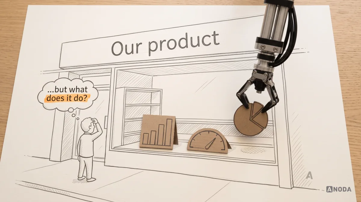 Mixed-media illustration: a real steel arm places small cardboard cut-out charts — a pie, a bar chart and a gauge — into an almost empty drawn shop window labelled “Our product”, while a small drawn customer outside looks at it with a thought bubble “…but what does it do?” highlighted in orange.