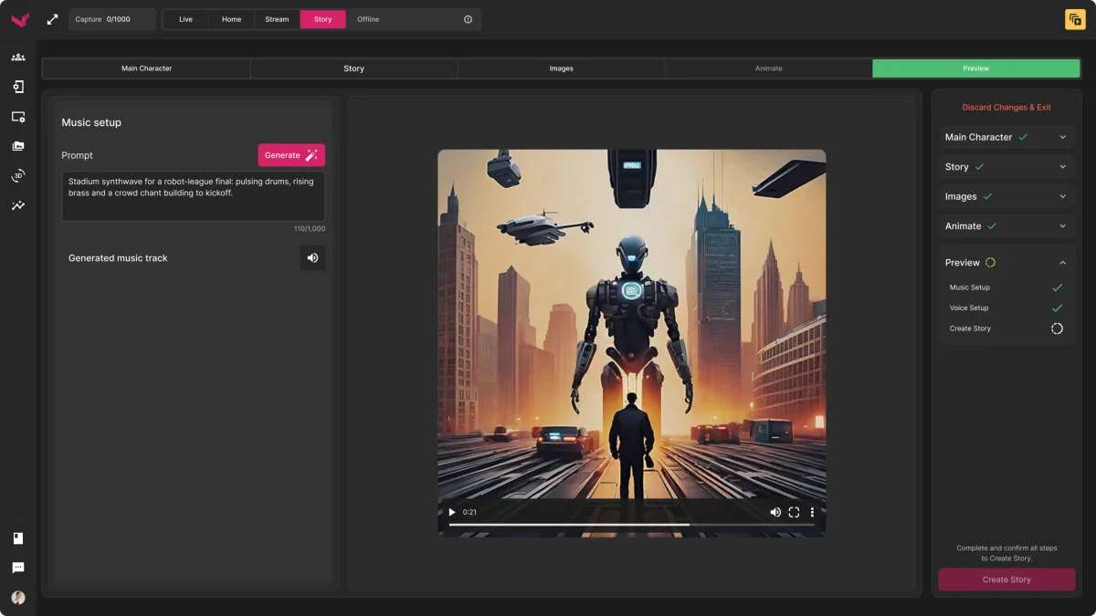 Preview step: music prompt, the generated track and the story video preview