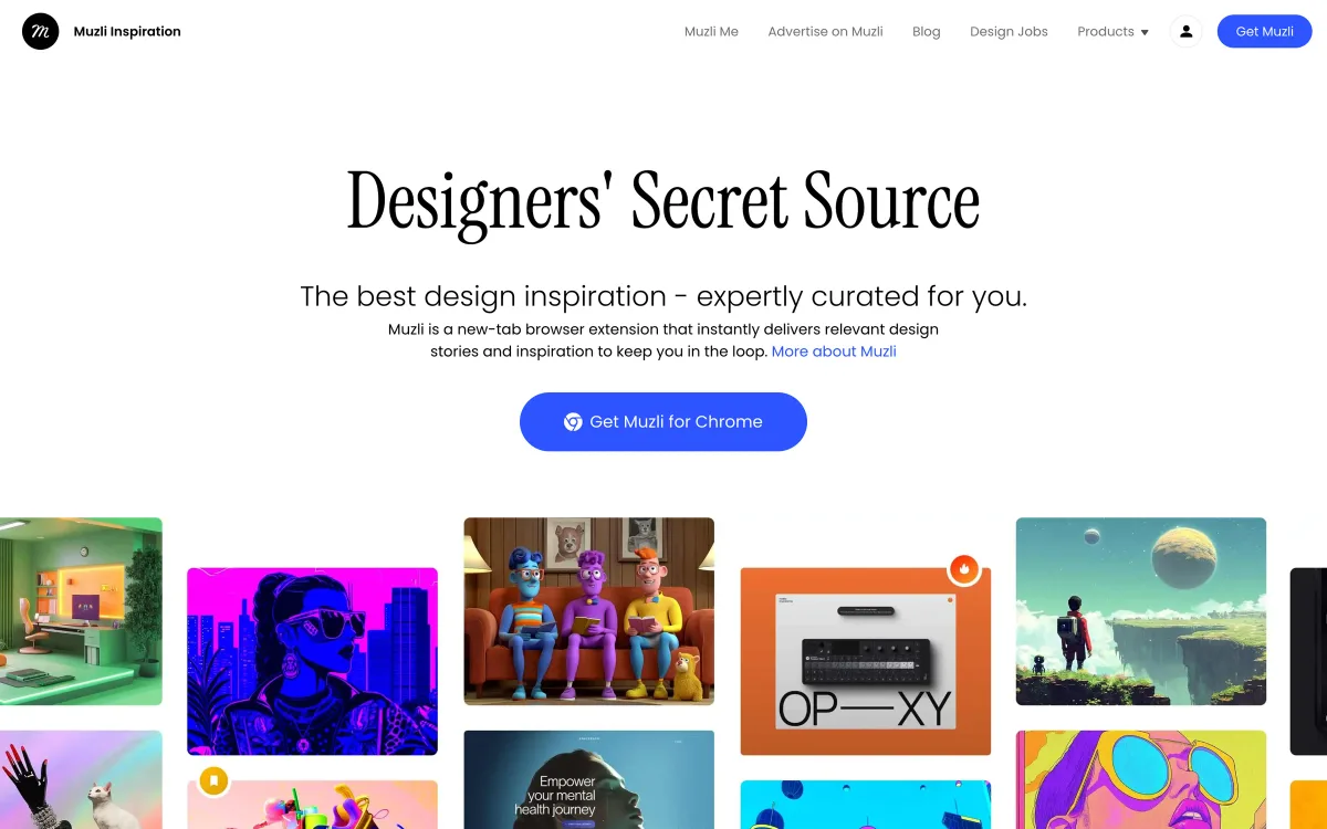 Muzli homepage: “Designers’ Secret Source” with a button to install the browser extension and a grid of inspiration thumbnails.