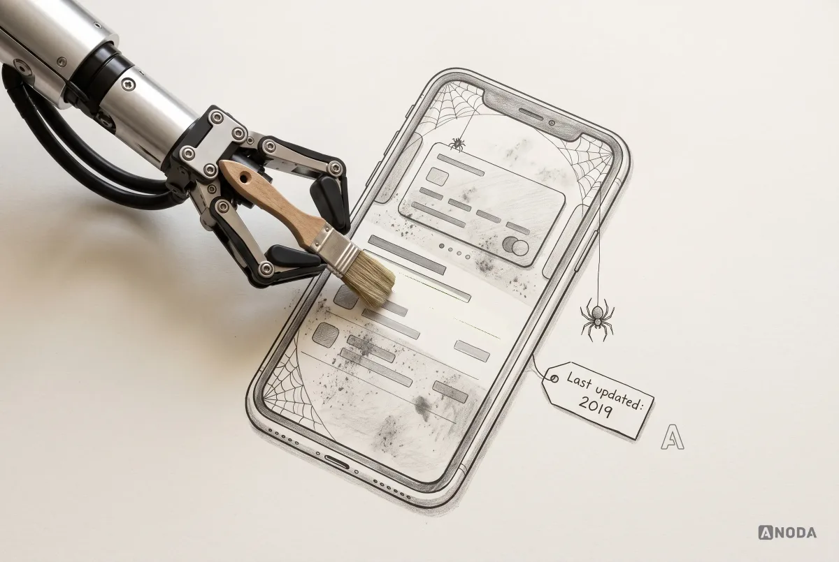 Mixed-media illustration: a real steel arm sweeps dust off a drawn phone covered in cobwebs with a brush, leaving a clean stripe across the screen, beside a drawn spider and a tag reading “Last updated: 2019”.