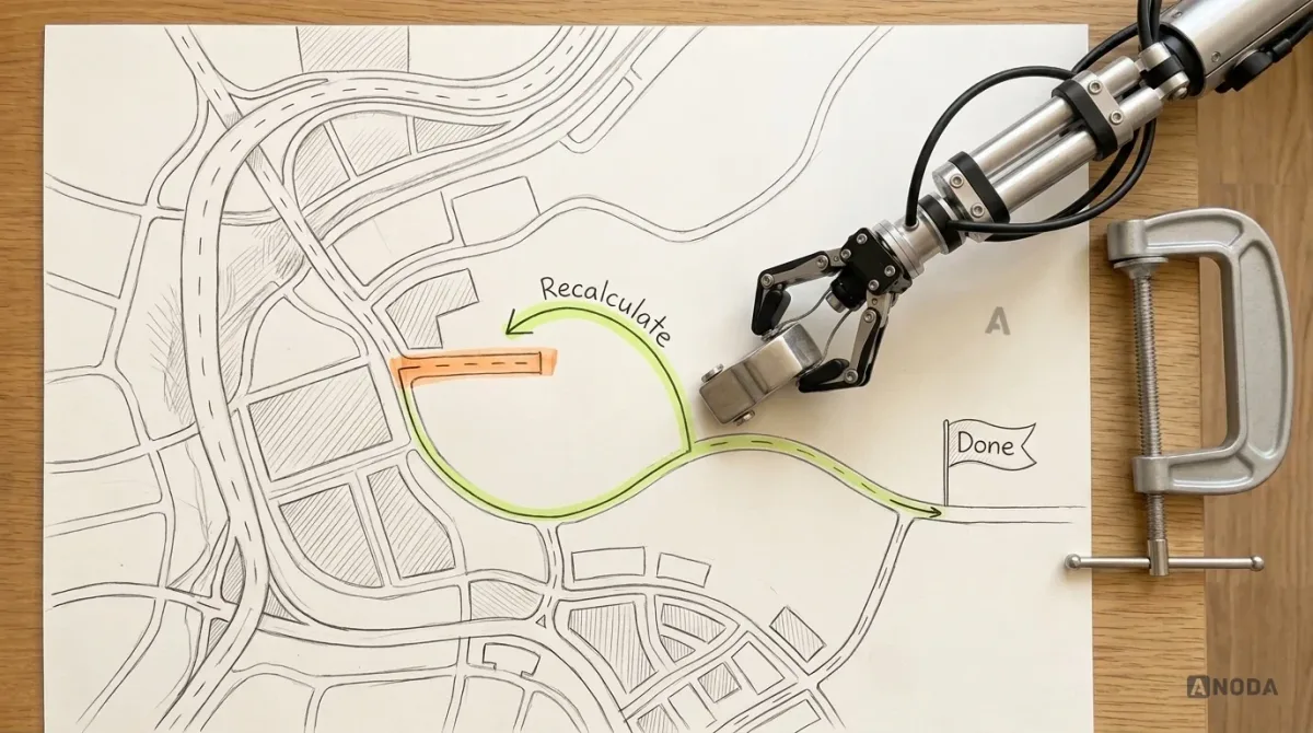 Mixed-media illustration: a drawn road map on paper with a planned route to a flag labelled “Done”, and one missed turn leading to a dead-end road highlighted in orange; a real steel robotic arm reaches to the point where a lime “Recalculate” arrow brings the route back from the dead end.