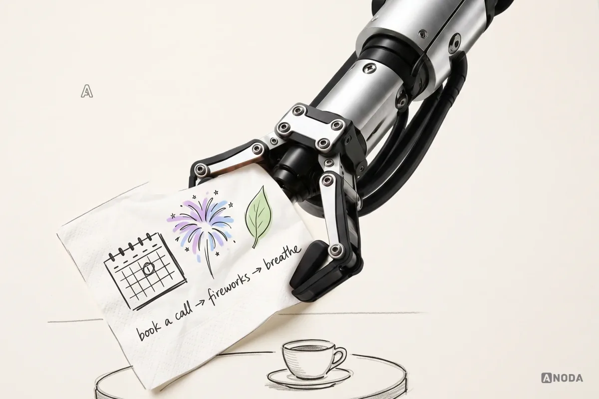 Mixed-media illustration: a real steel arm holds up a real paper napkin above a drawn café table; the napkin shows a marker sketch of a booking calendar, fireworks and a leaf with the note “book a call → fireworks → breathe”.