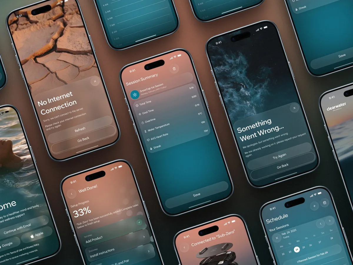 Clearwater Wellness app screens: a “No Internet Connection” state with a refresh action, a “Something Went Wrong” state with “Try again” and “Go back”, a session summary and a schedule, laid out on phones against the brand’s water imagery.