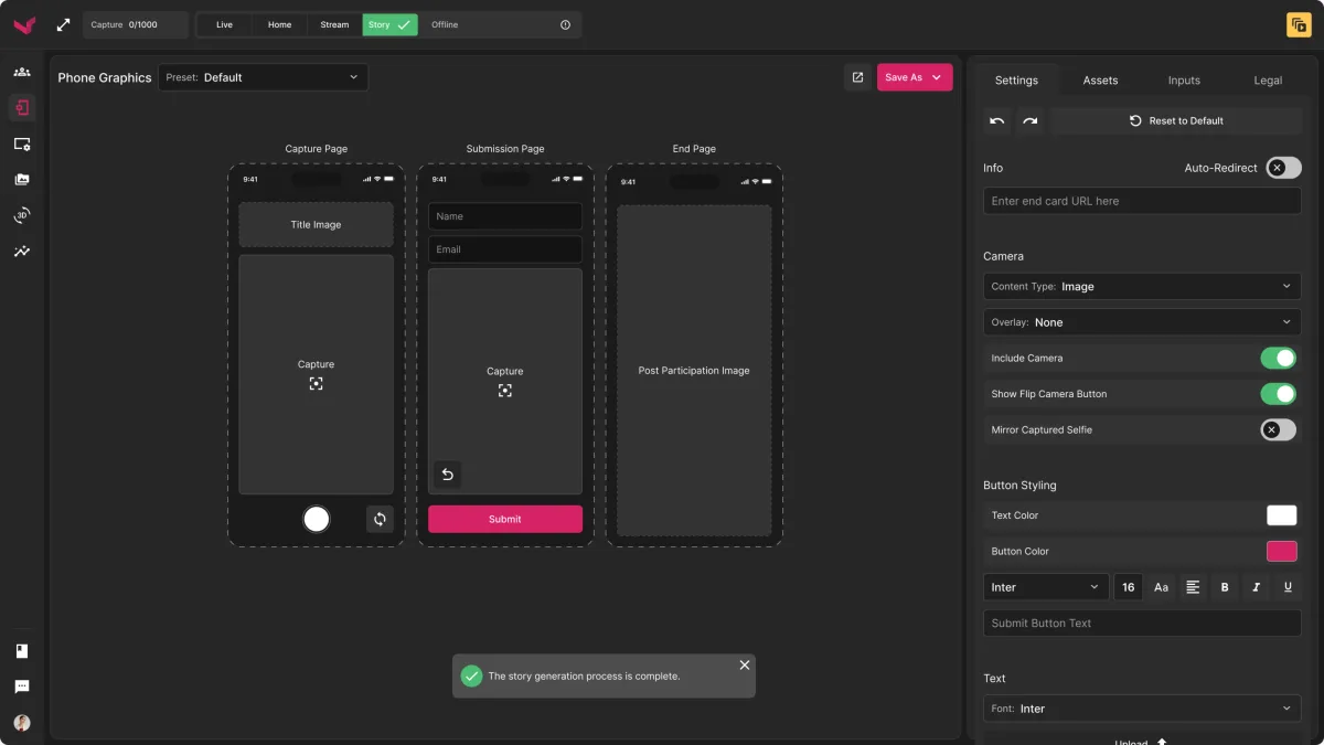 Phone graphics editor with a notice that the story generation is complete and a check on the Story tab