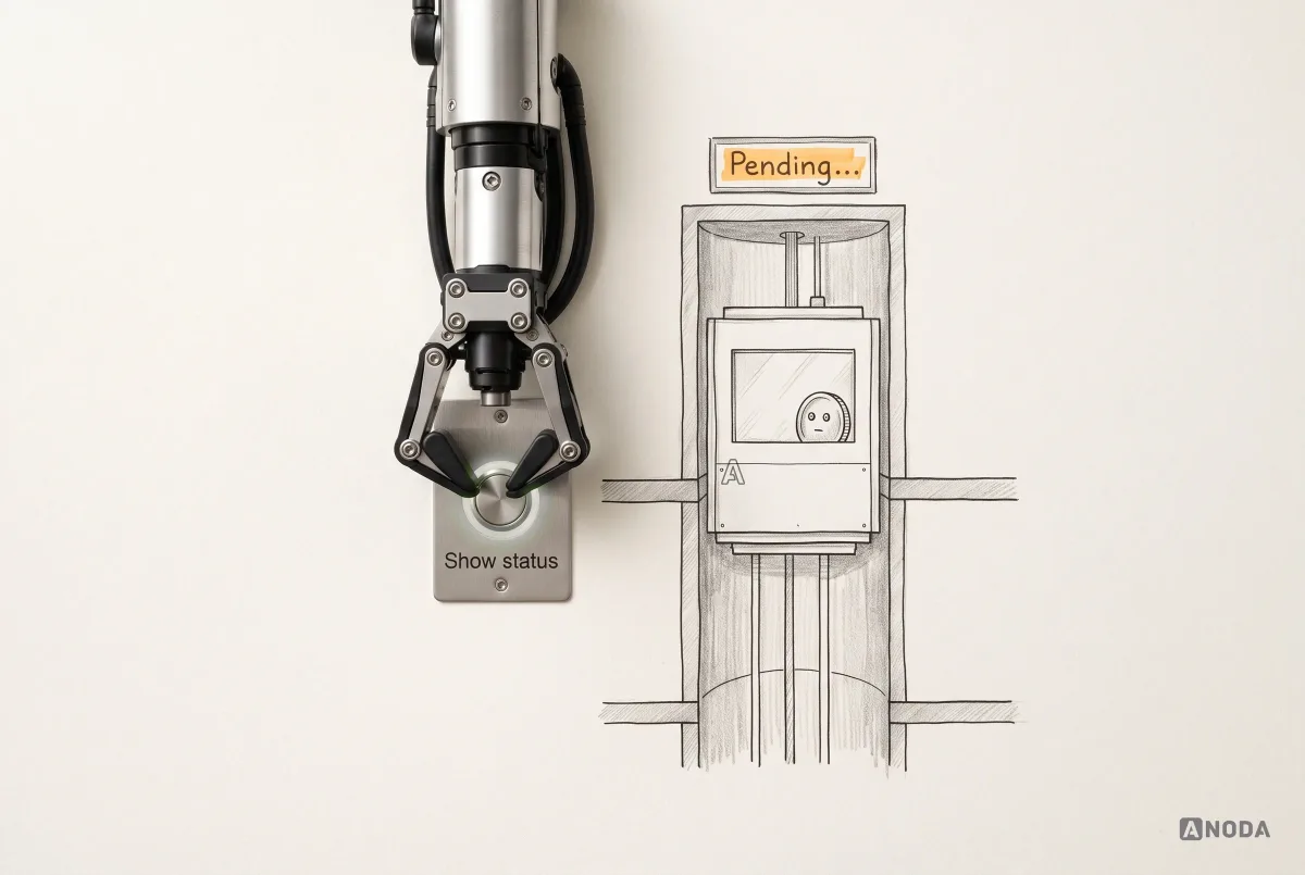 Mixed-media illustration: a real steel arm presses the lit button of a steel lift call plate labelled “Show status” beside a drawn lift shaft where a coin waits in a car stuck between floors under a “Pending…” sign.