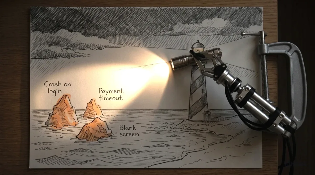 Mixed-media illustration: a drawn lighthouse on paper beside a drawn coastline with rocks labelled “Crash on login”, “Payment timeout” and “Blank screen”, highlighted in orange; a real steel robotic arm holds a real small torch at the top of the lighthouse, its beam lighting up the rocks.