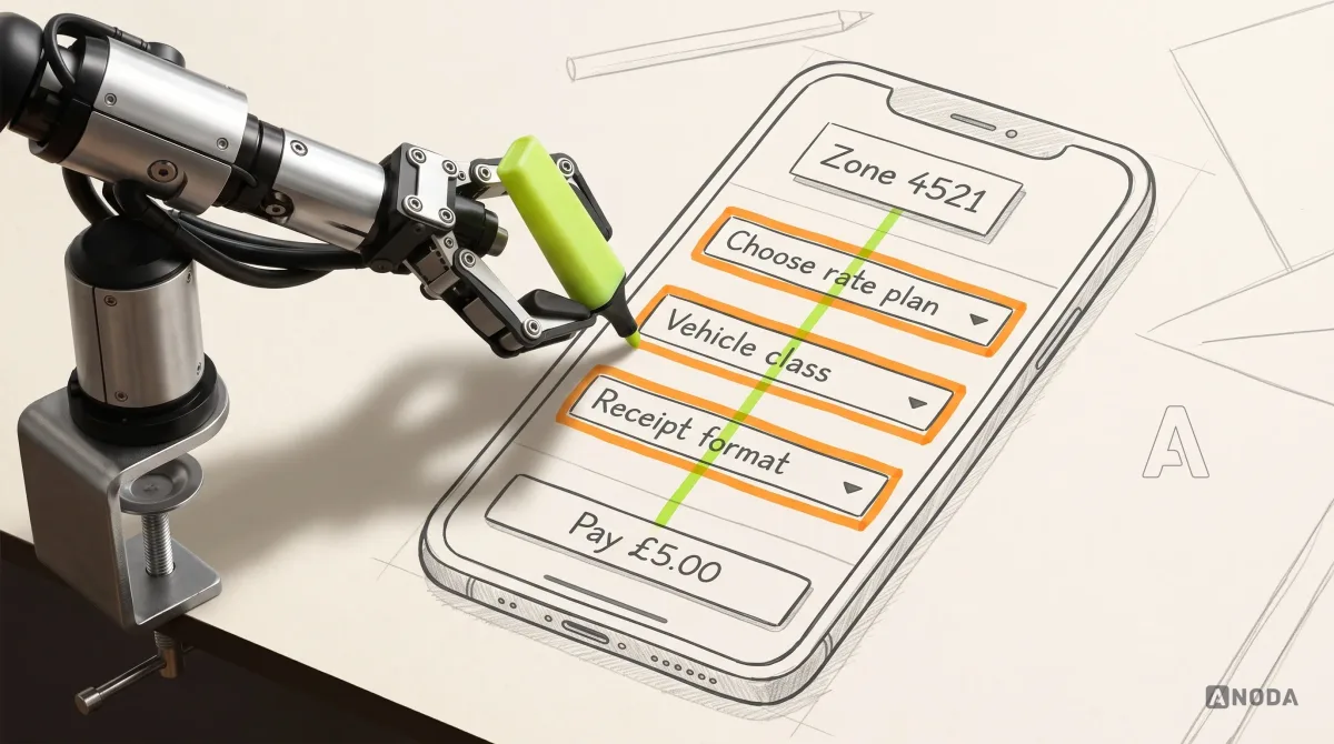 Mixed-media illustration: a drawn parking app screen shows a long column of choices, “Choose rate plan”, “Vehicle class” and “Receipt format”, outlined in orange; a real steel robotic arm entering from the left on a table clamp holds a real lime highlighter and draws one clean line from “Zone 4521” straight to a button reading “Pay £5.00”, skipping the list.