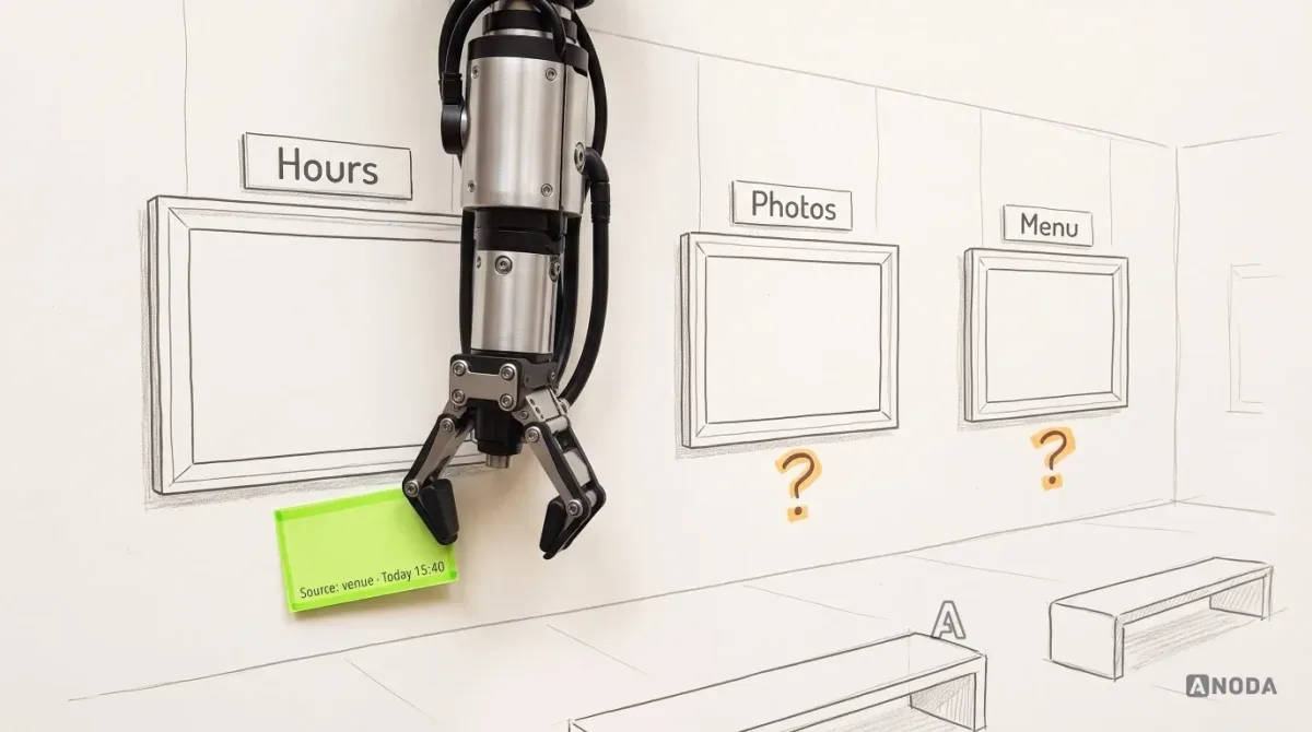 Mixed-media illustration: a drawn venue page laid out like a museum wall with three framed items labelled “Hours”, “Photos” and “Menu”; two frames have no wall label and an orange question mark, and a real steel arm hanging from the top edge fixes a lime museum label under “Hours” reading “Source: venue · Today 15:40”.