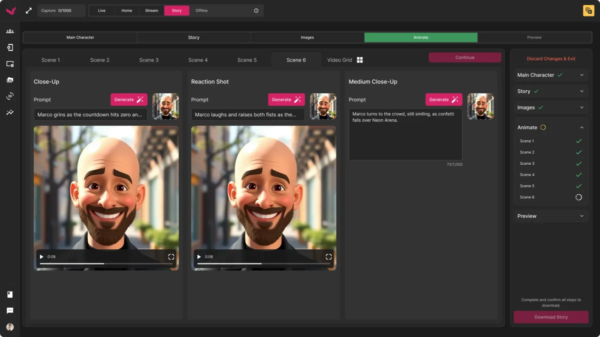 Animate step, scene 6: two shots rendered to video and a third still in progress