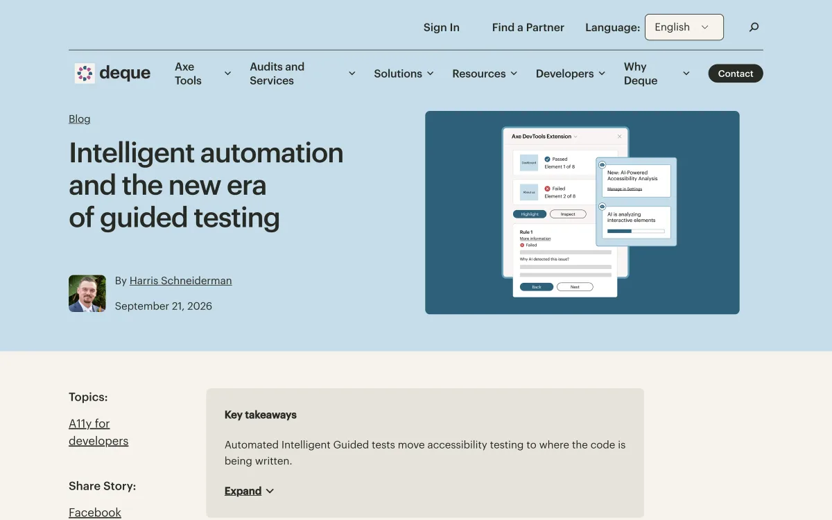 Deque article page: “Intelligent automation and the new era of guided testing”, published 21 September 2026, with key takeaways.