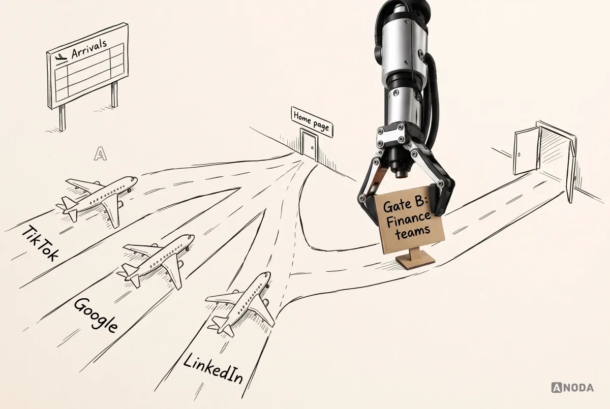 Mixed-media illustration: three drawn planes land on runways labelled “TikTok”, “Google” and “LinkedIn” that all merge into one small door marked “Home page”, while a real steel arm sets down a cardboard sign reading “Gate B: Finance teams” at the start of a new runway with its own gate.