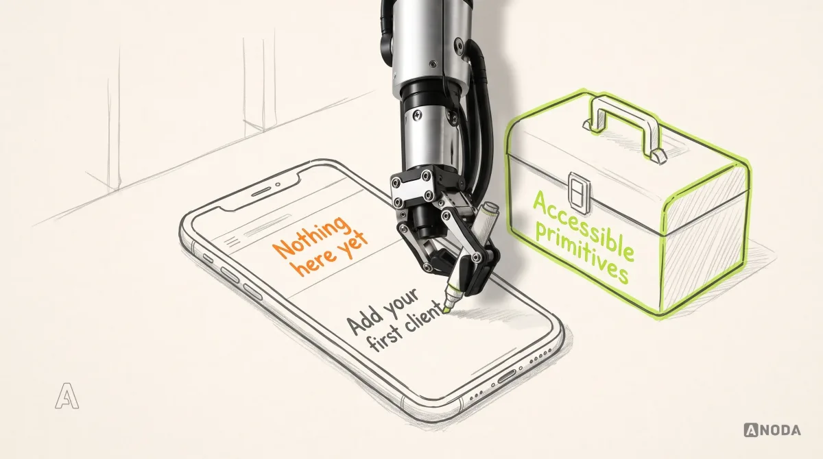 Mixed-media illustration: a drawn phone screen shows a tidy empty list with the orange words “Nothing here yet”; next to it sits an unopened lime-outlined drawn toolbox labelled “Accessible primitives”; a real steel robotic arm hanging from the top edge writes “Add your first client” on the empty screen with a thick marker.