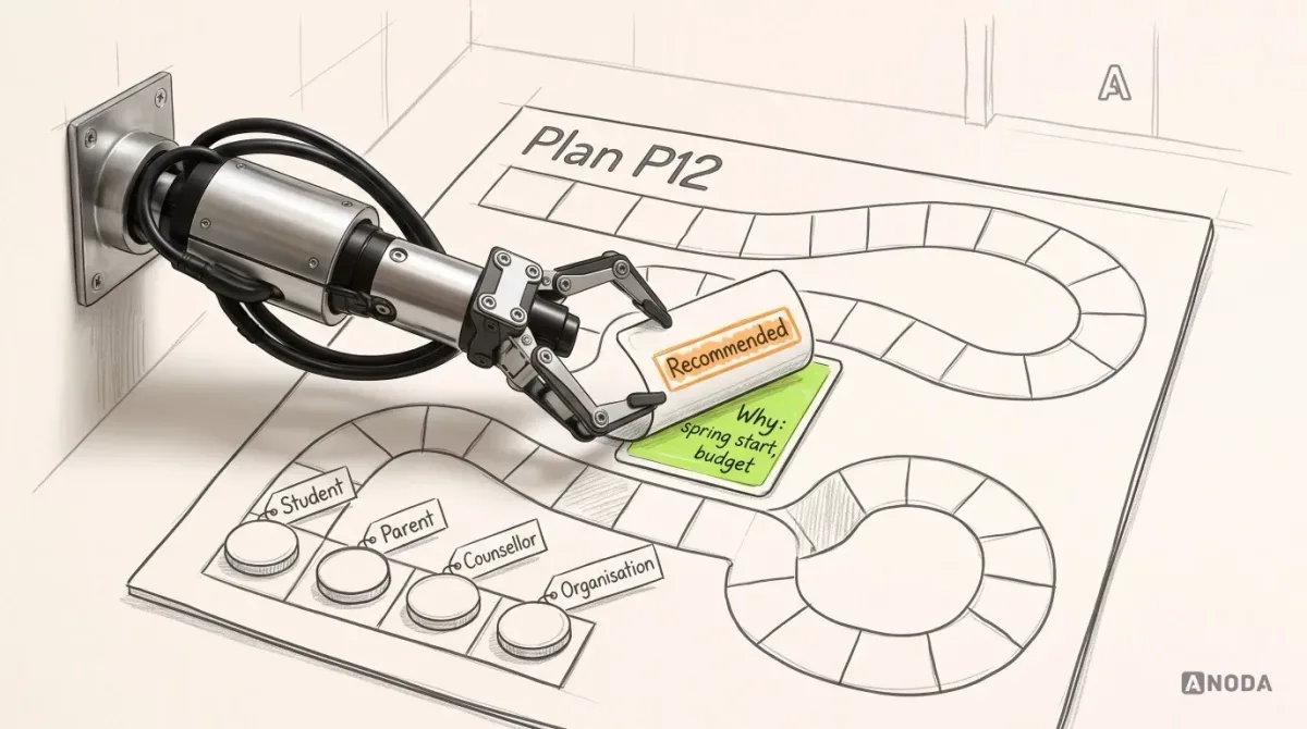 Mixed-media illustration: a drawn game board titled “Plan P12” with four flat counters labelled “Student”, “Parent”, “Counsellor” and “Organisation”; a drawn card stamped “Recommended” in orange lies face down on the board, and a real steel arm from a wall bracket flips it over to show a lime back reading “Why: spring start, budget”.
