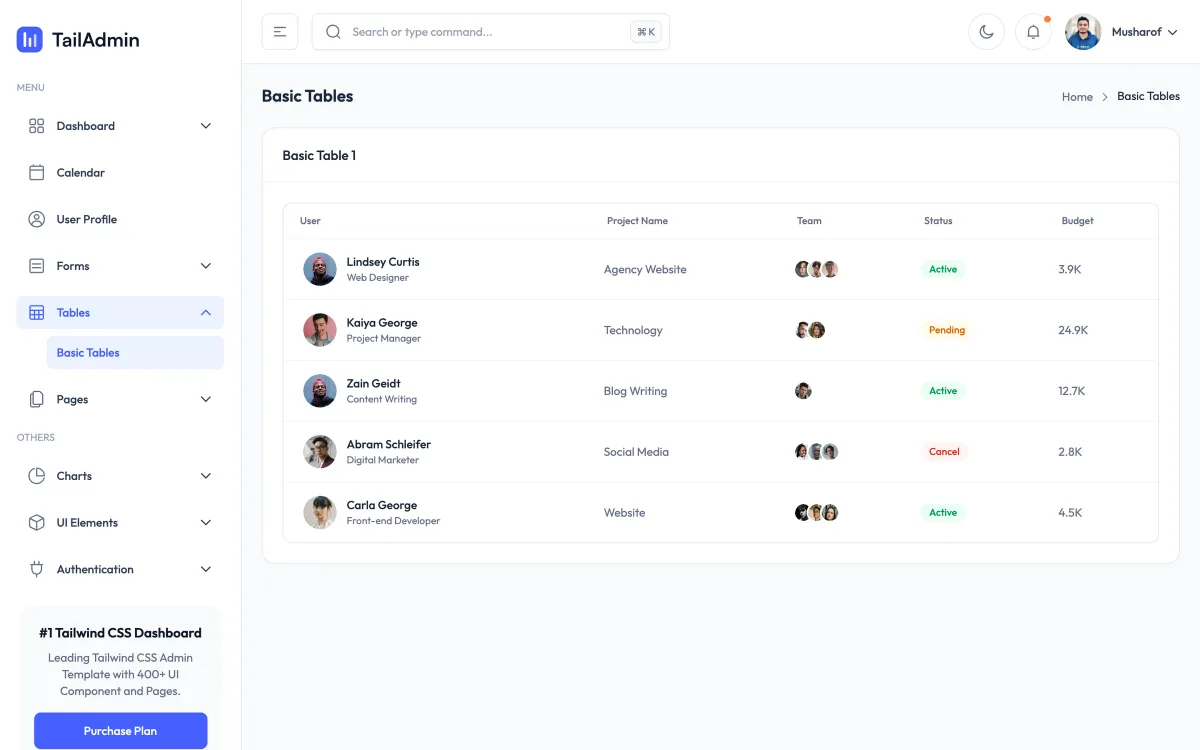 TailAdmin basic tables page: a table of users with avatars, project names, team avatars, status badges and budgets.