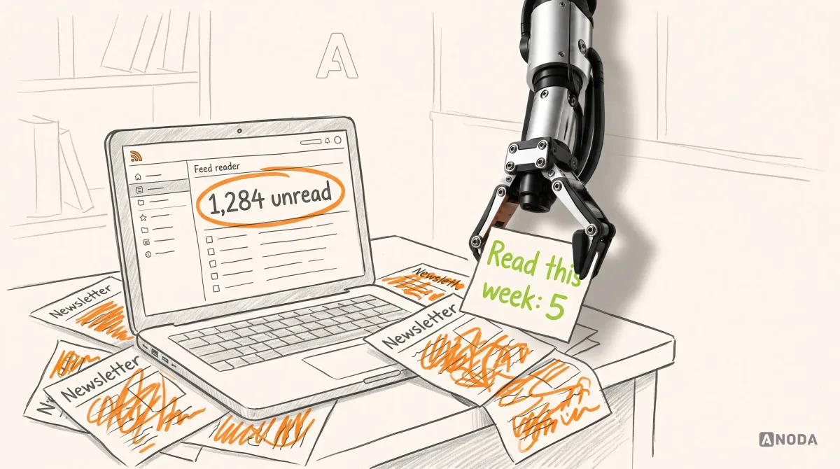 Mixed-media illustration: a drawn laptop shows a feed reader with “1,284 unread” circled in orange, drawn newsletters spill off the desk around it, and a real steel arm hanging from the top edge lifts out one lime card reading “Read this week: 5”.