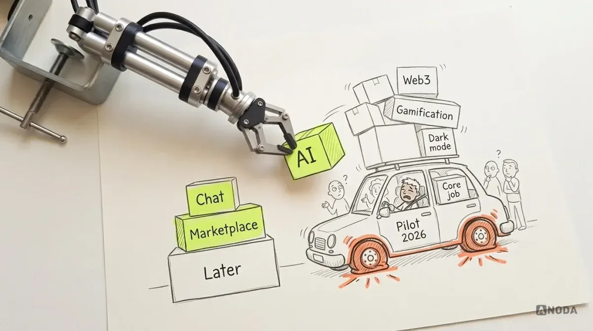 Mixed-media illustration: a real steel arm lifts a box labelled “AI” off a tiny drawn car labelled “Pilot 2026” whose roof is piled with “Web3”, “Gamification” and “Dark mode”, with “Core job” inside the car and “Chat” and “Marketplace” already stacked on a box labelled “Later”.