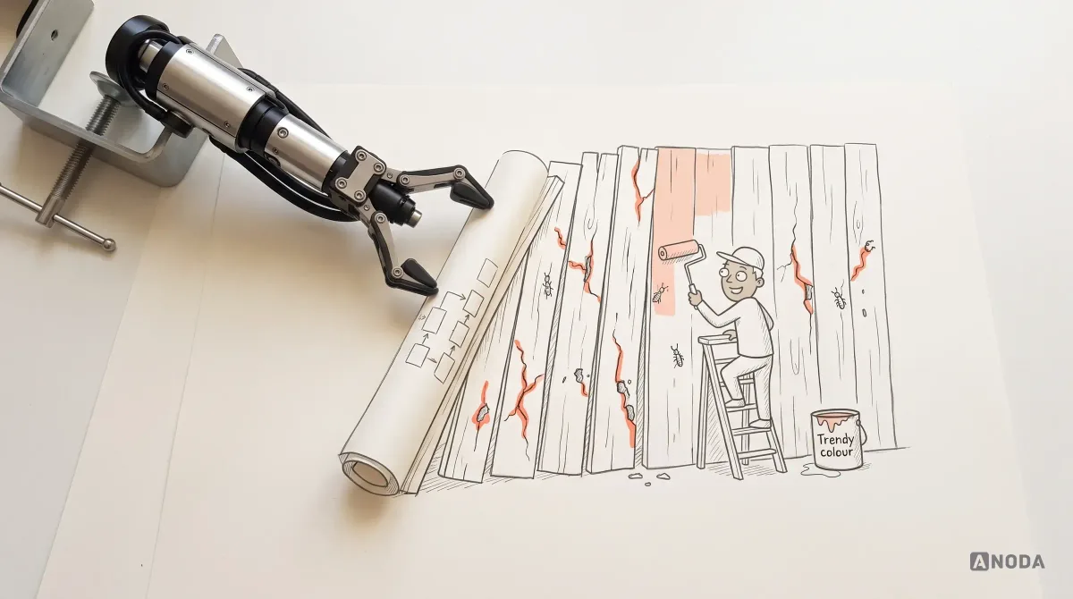 Mixed-media illustration: a drawn decorator paints part of a cracked, termite-riddled wooden wall from a tin labelled “Trendy colour”, while a real steel arm props the sagging wall up with a drawn beam that is really a rolled-up flow diagram.