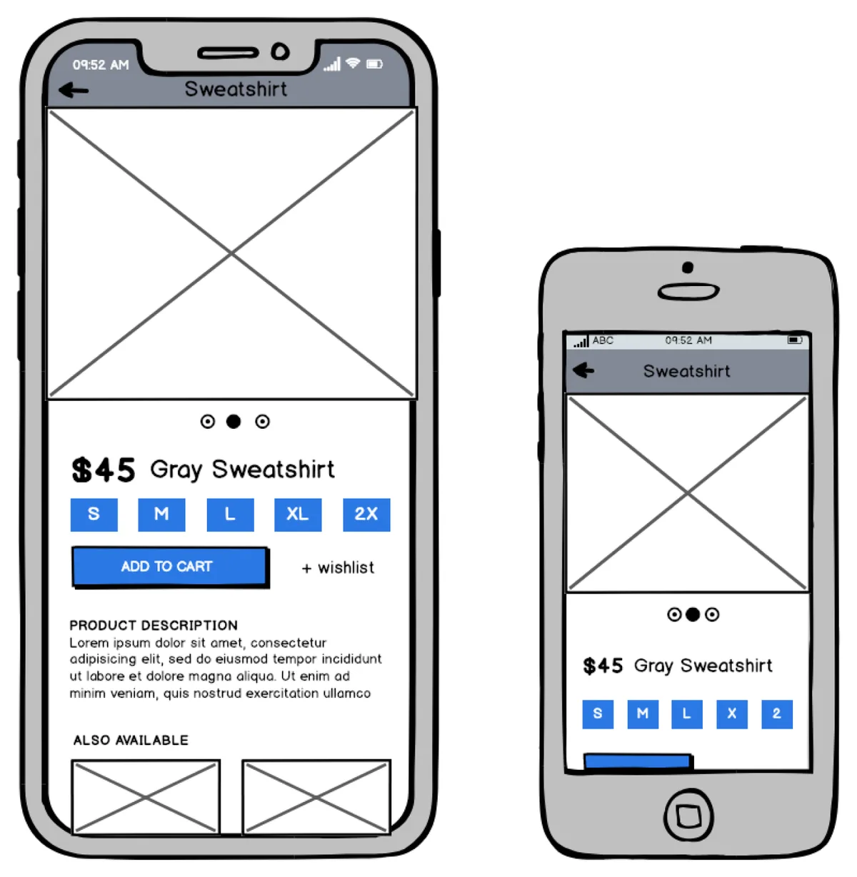 Sweatshirt product-page wireframes at two phone sizes with image, price and size controls.