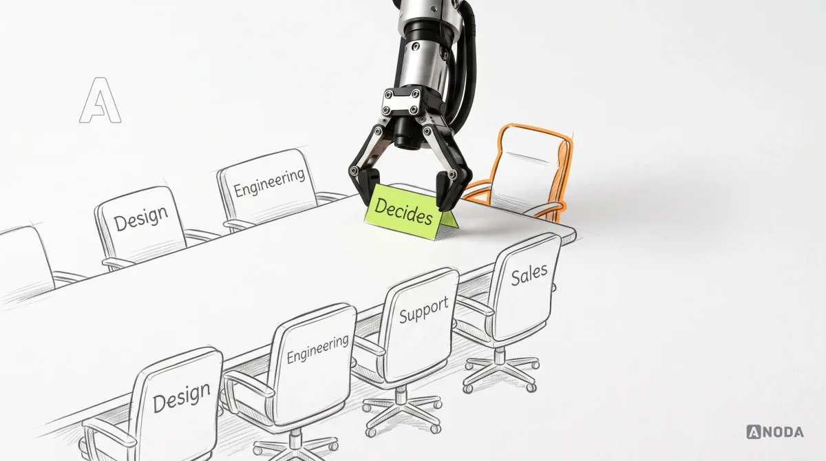 Mixed-media illustration: a drawn long meeting table with chairs on both sides labelled “Design”, “Engineering”, “Support” and “Sales”, and an empty chair at the head outlined in orange; a real steel robotic arm hanging from the top edge sets a small lime place card reading “Decides” on the table in front of the empty chair.
